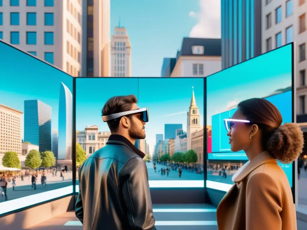 Una ciudad con elementos de realidad aumentada, mostrando el impacto de la realidad aumentada en entornos urbanos y medios digitales