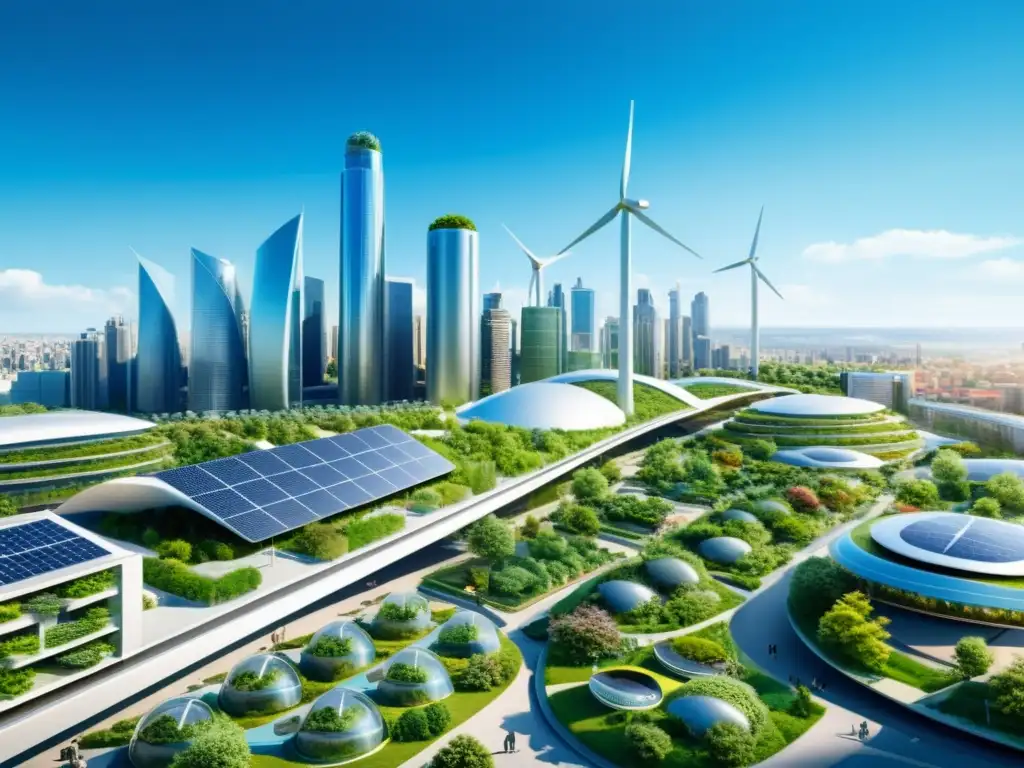 Una ciudad futurista con arquitectura sostenible, vehículos eléctricos y energías renovables, ejemplificando la gestión integral de marcas sostenibles