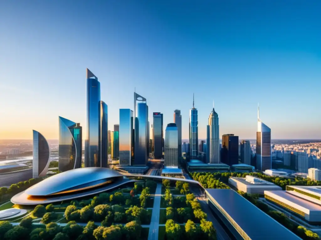 Una ciudad futurista bañada por la cálida luz del atardecer, con rascacielos modernos y sistemas de transporte avanzados