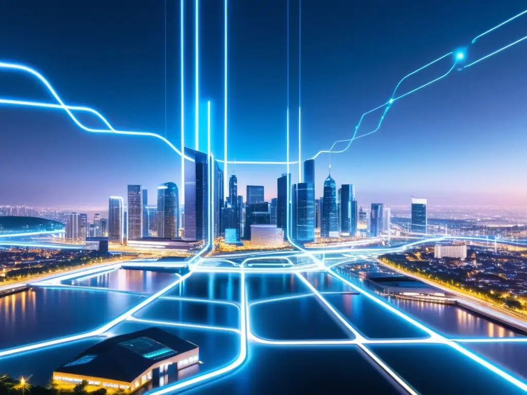 Una ciudad futurista con conexiones digitales entre edificios, iluminada en azul, representa el uso de big data en propiedad intelectual
