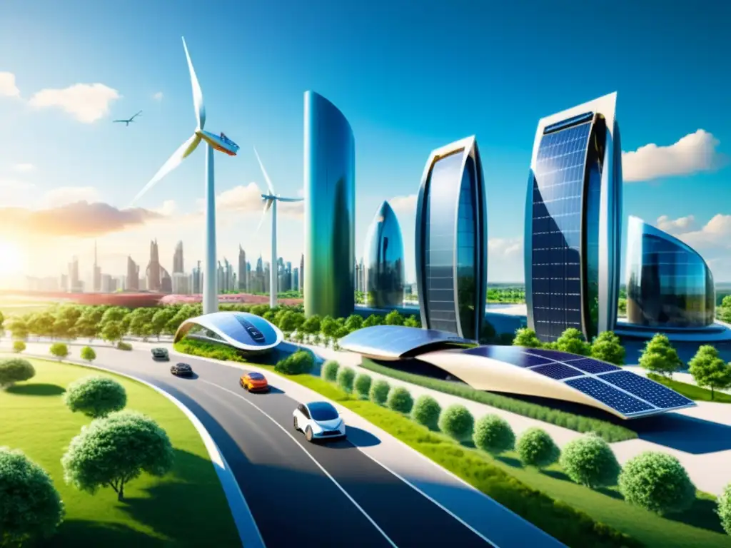 Una ciudad futurista con edificios ecoamigables y espacios verdes, reflejando un desarrollo sostenible equilibrado con patentes innovadoras
