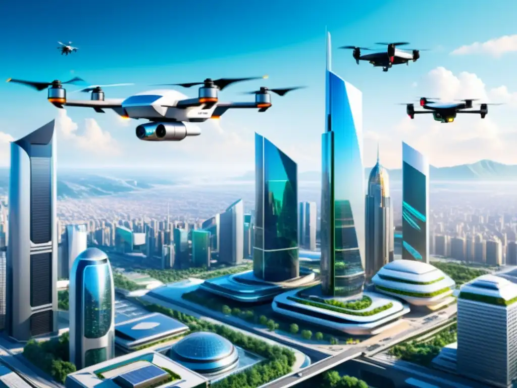 Una ciudad futurista con edificios interconectados y tecnología avanzada, reflejando la cooperación internacional en propiedad intelectual