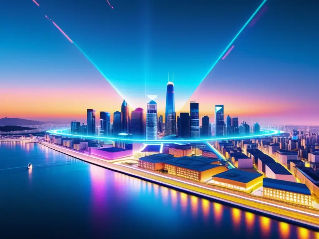Una ciudad futurista con elementos de realidad virtual y ciberseguridad en juegos de realidad aumentada