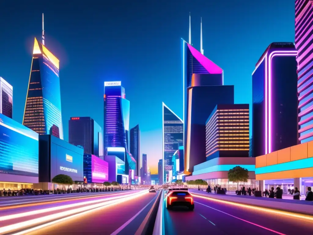 Una ciudad futurista iluminada por luces de neón, con tecnología avanzada y profesionales discutiendo sobre protección innovaciones fintech patentes