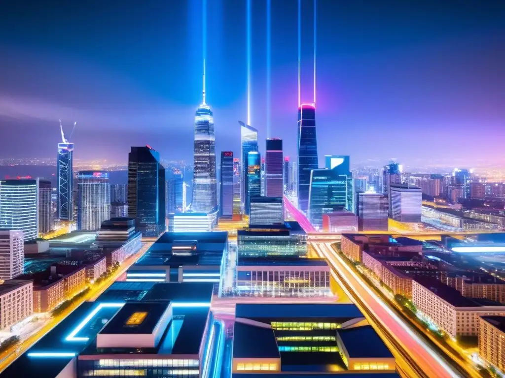 Una ciudad futurista iluminada por luces de neón, reflejándose en un edificio moderno