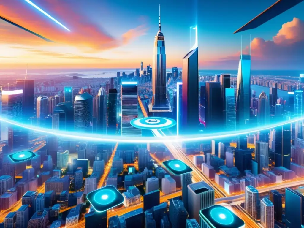 Una ciudad futurista con impacto de la realidad aumentada, mostrando hologramas y edificios modernos