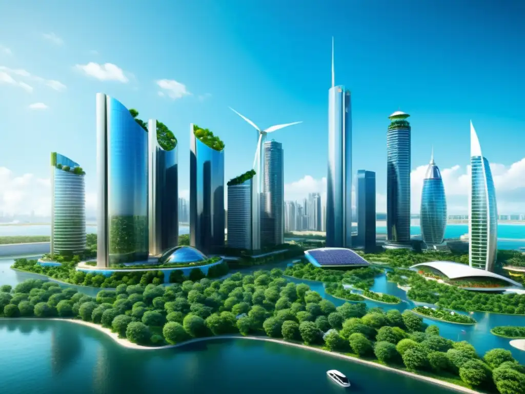 Una ciudad futurista integrada con tecnología ambiental y patentes, armonizando desarrollo urbano y preservación del medio ambiente
