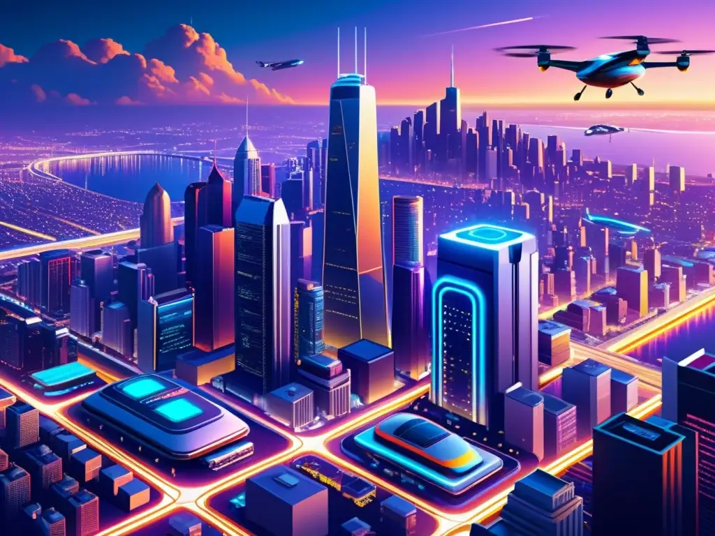 Una ciudad futurista llena de rascacielos, vehículos voladores y tecnología avanzada