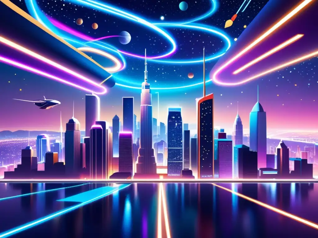 Una ciudad futurista llena de rascacielos, vehículos voladores y luces de neón, bajo un cielo estrellado
