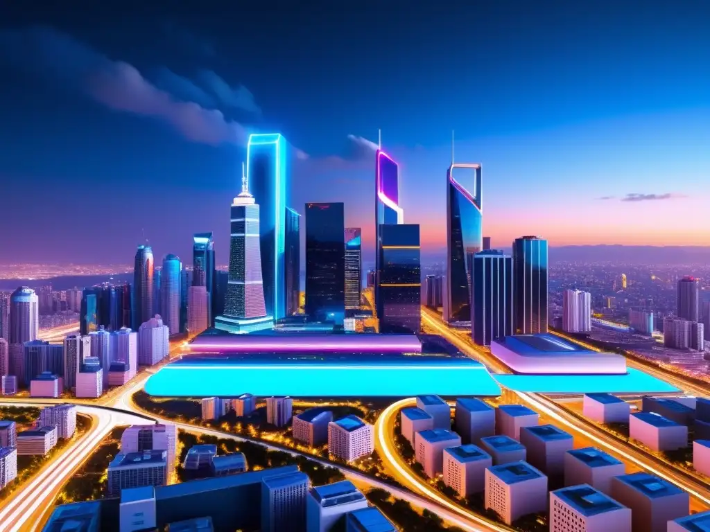 Una ciudad futurista con luces de neón iluminando el horizonte, muestra tecnología avanzada e innovación en deep learning