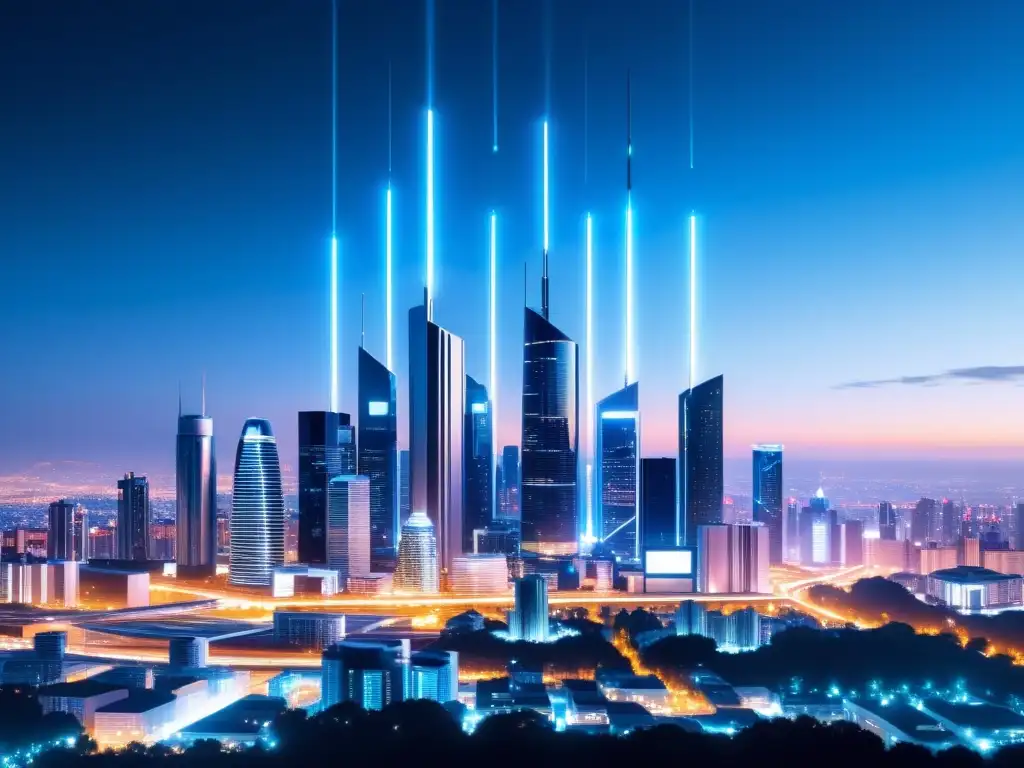 Una ciudad futurista de noche iluminada por torres de red 5G, mostrando riesgos de seguridad en redes 5G