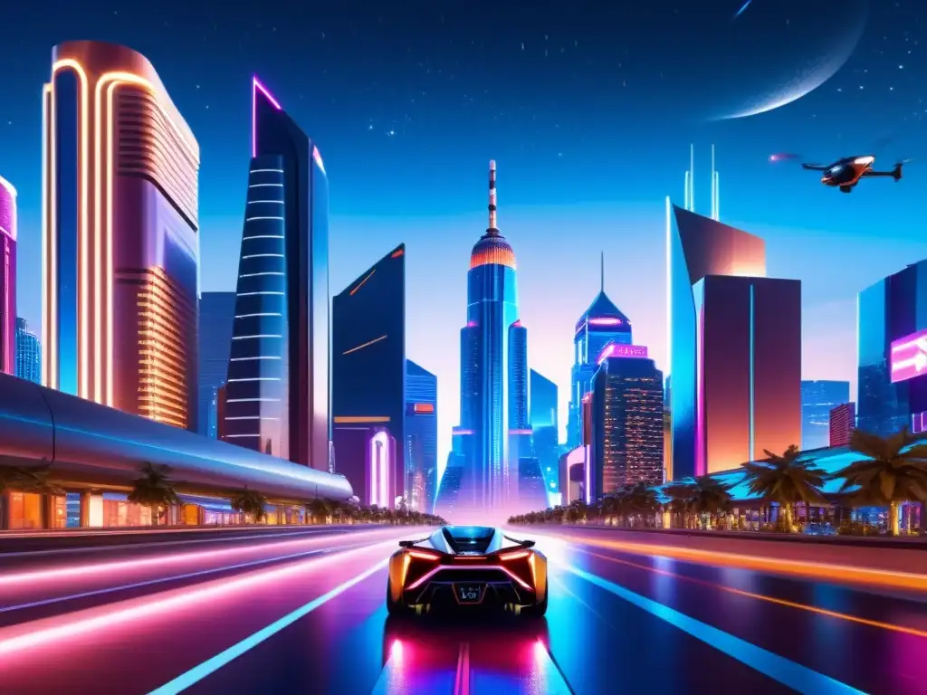 Una ciudad futurista de noche con rascacielos iluminados y volando autos, evocando la integración de la IA y la tecnología en videojuegos con derechos de autor