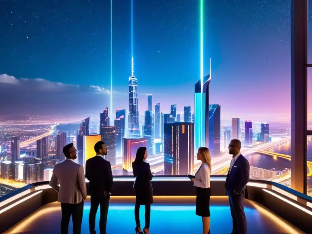 Una ciudad futurista de noche, con rascacielos iluminados que forman un espectáculo visual impresionante