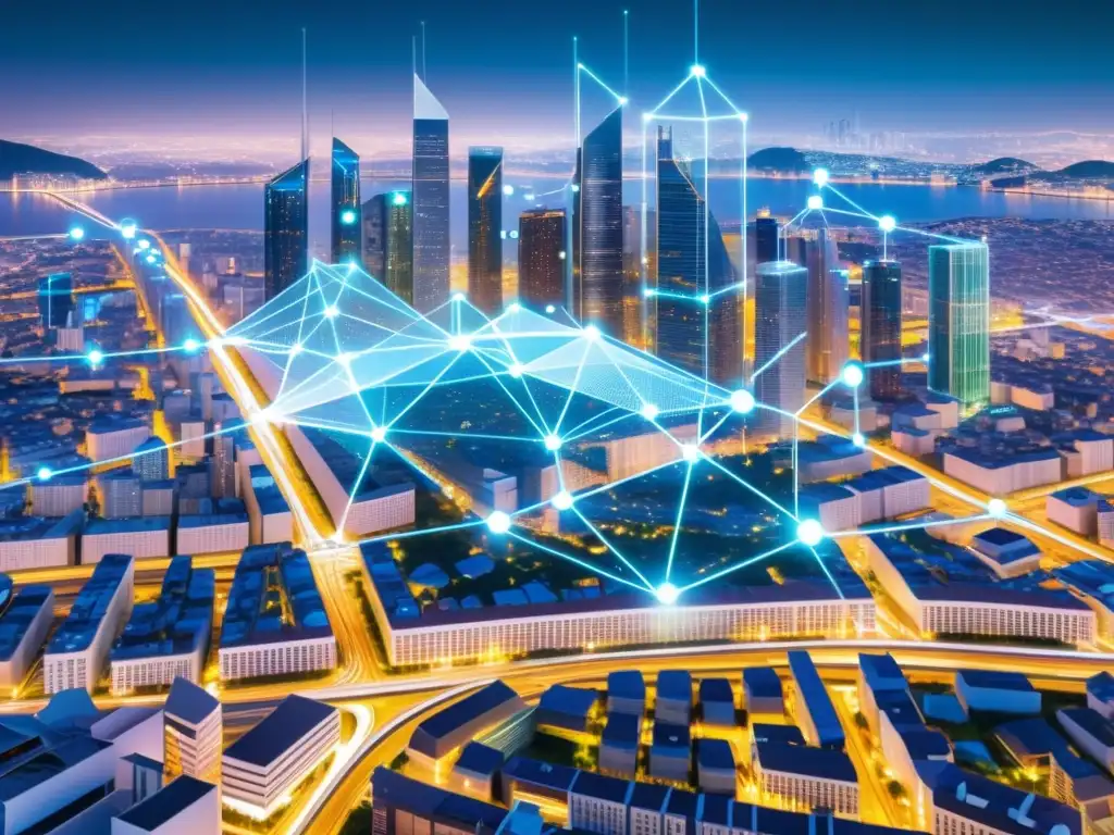 Una ciudad futurista con nodos de blockchain integrados en su infraestructura, transmitiendo datos de forma segura