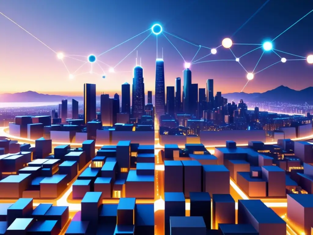 Una ciudad futurista con nodos de blockchain interconectados, protegiendo derechos autor en el ámbito digital