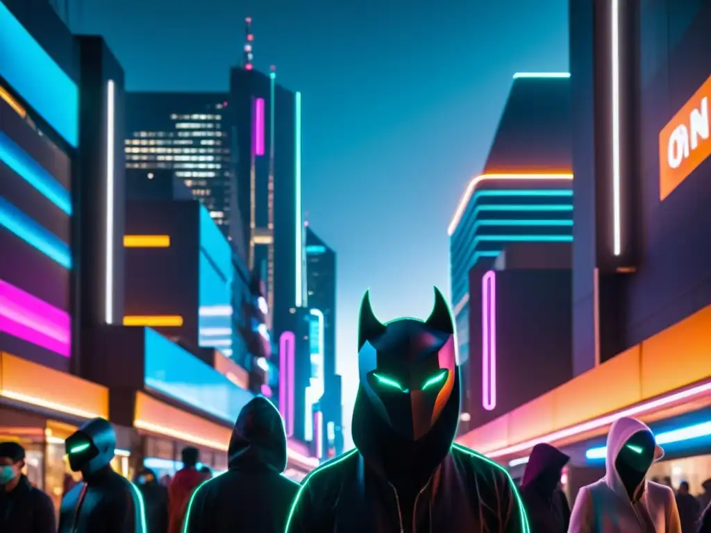 Metropolis futurista: anonimato y misterio en la noche Una ciudad futurista oscura de noche, con luces de neón iluminando edificios