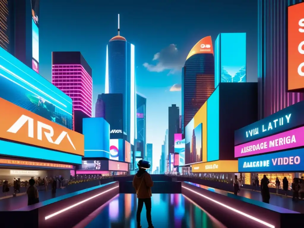 Una ciudad futurista con rascacielos cubiertos de anuncios holográficos, donde avatares de realidad virtual interactúan con personajes de videojuegos de realidad aumentada en un paisaje urbano bullicioso