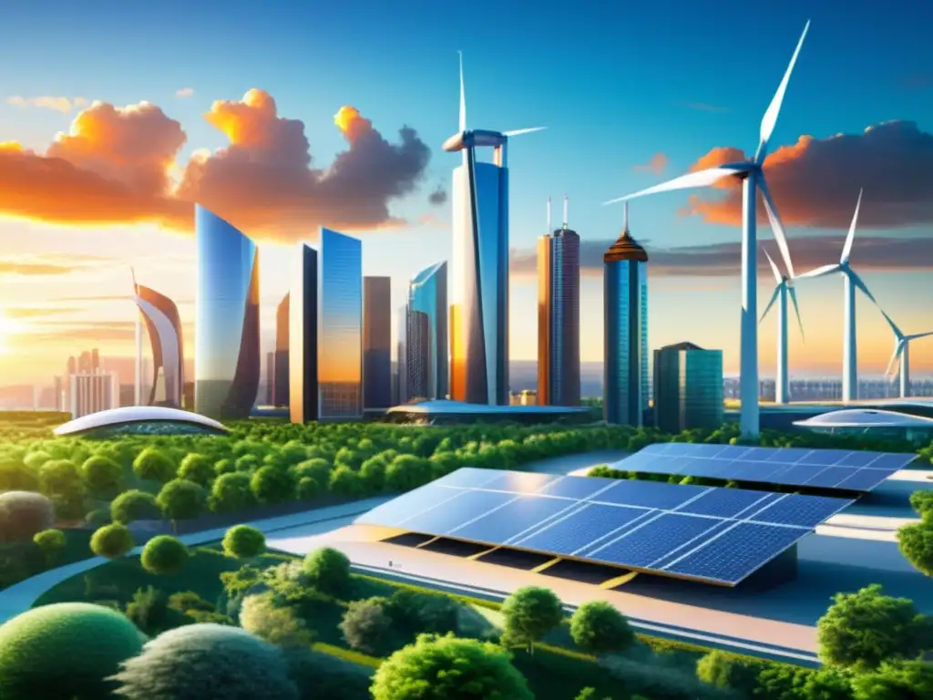 Una ciudad futurista con rascacielos ecológicos y energía renovable