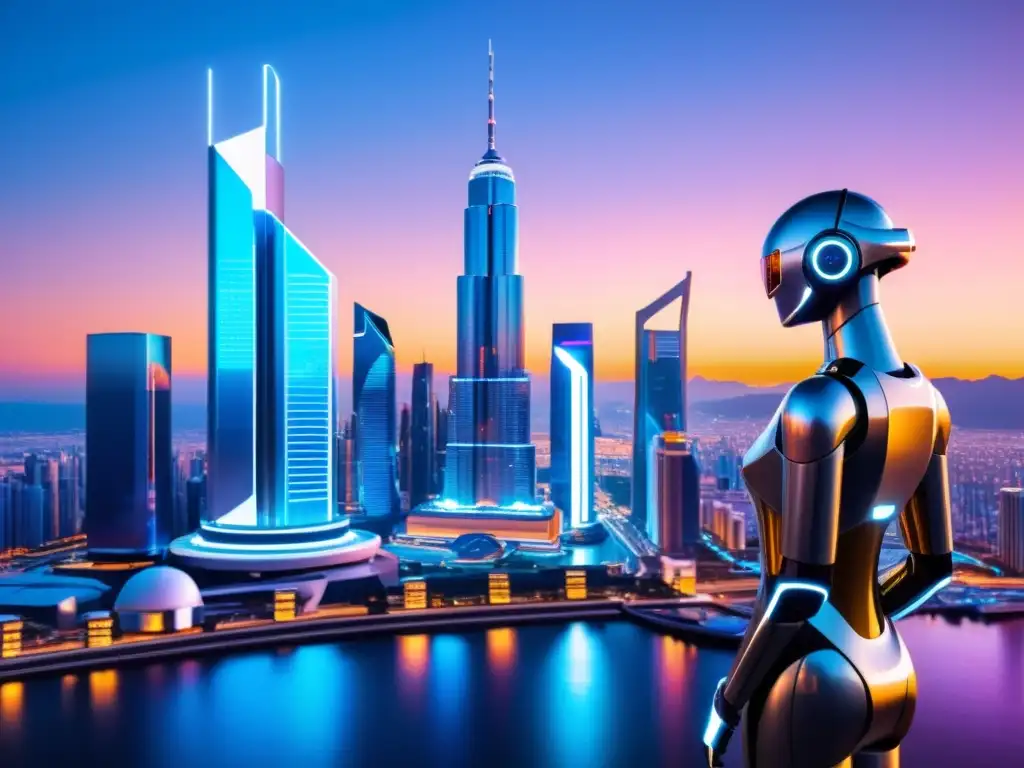Una ciudad futurista con rascacielos elegantes, luces de neón y proyecciones holográficas