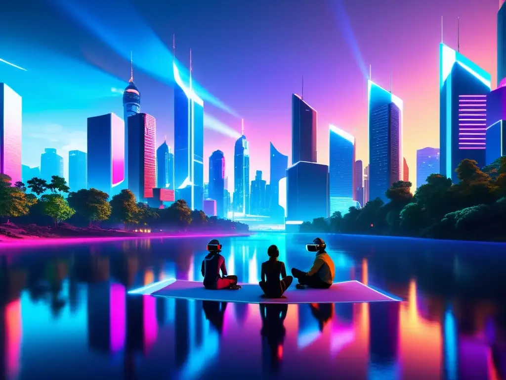 Una ciudad futurista con rascacielos iluminados por luces de neón, reflejándose en un río tranquilo