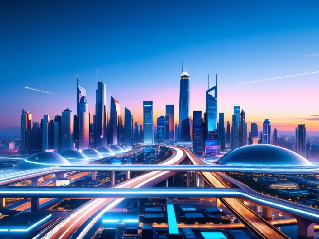 Una ciudad futurista en 8k al anochecer con rascacielos iluminados y redes de transporte brillantes