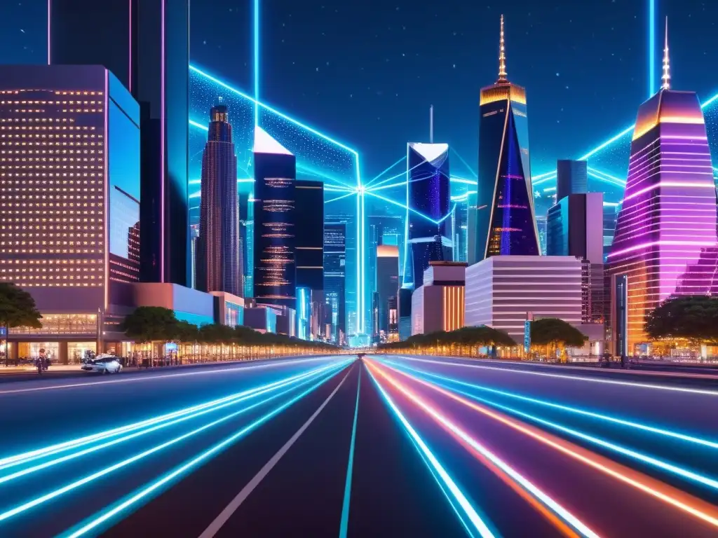 Una ciudad futurista con rascacielos iluminados y redes 5G interconectadas, evocando innovación y tecnología