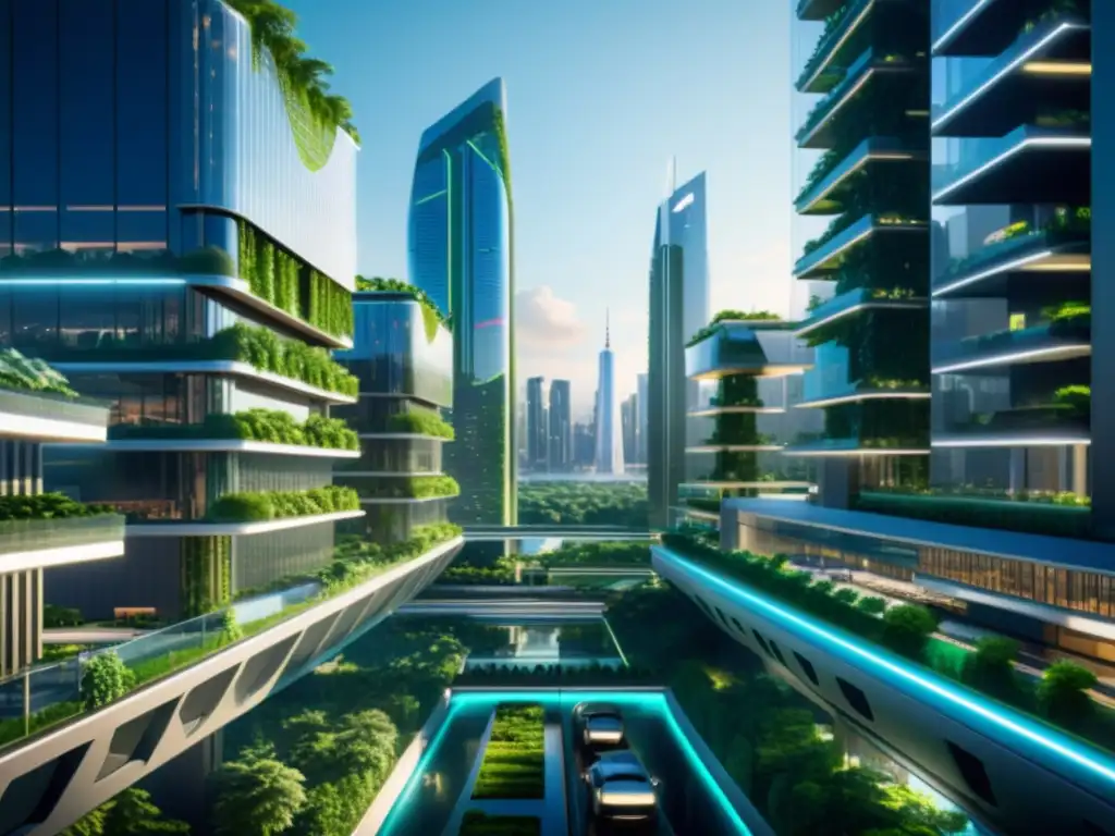 Metrópolis futurista con rascacielos innovadores y tecnología avanzada Una ciudad futurista con rascacielos interconectados y tecnología avanzada, reflejando progreso y sostenibilidad en el entorno urbano