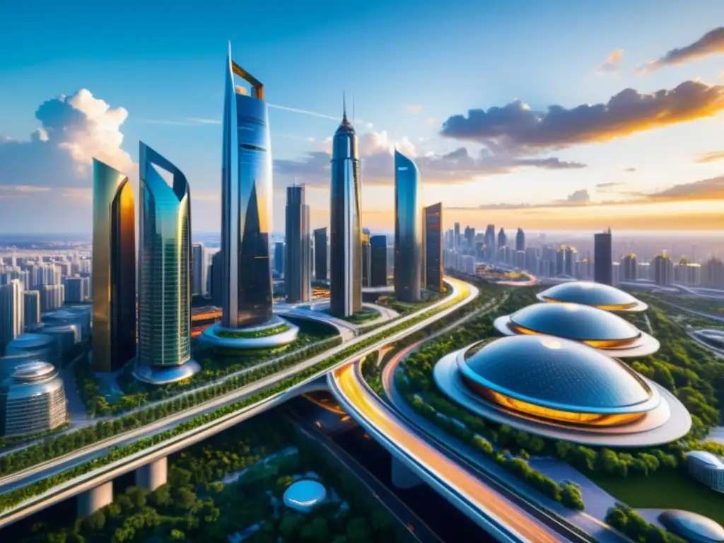 Una ciudad futurista con rascacielos reflectantes bañados por el sol poniente