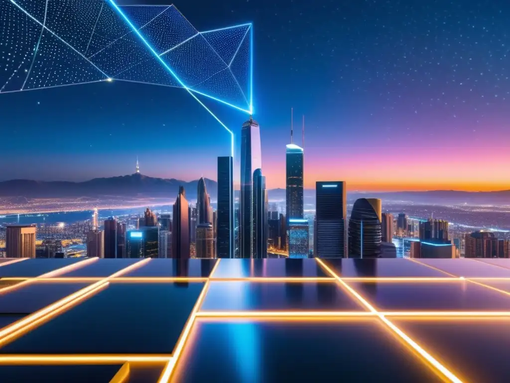 Una ciudad futurista con rascacielos relucientes reflejando luces de neón en una noche estrellada