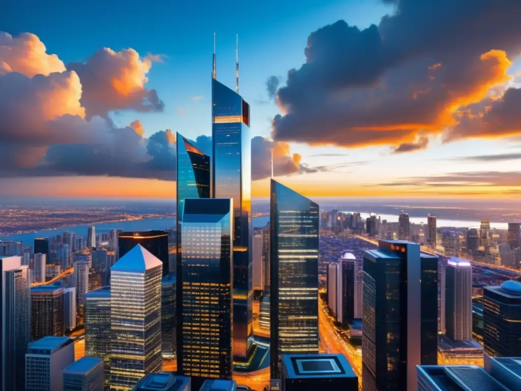 Una ciudad futurista con rascacielos relucientes, reflejando la luz del sol