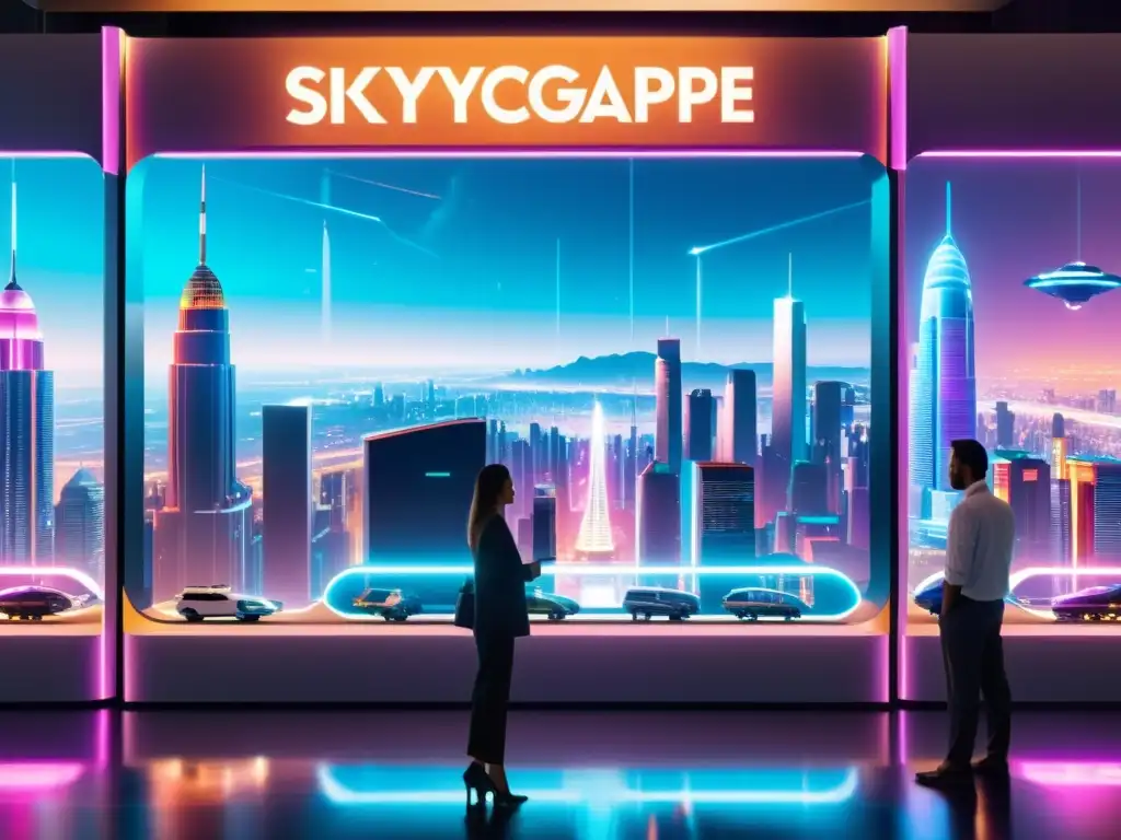 Una ciudad futurista con rascacielos relucientes y luces de neón, donde ingenieros y científicos discuten tecnología AI