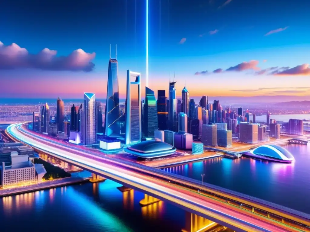 Una ciudad futurista con rascacielos y sistemas de transporte avanzados, iluminada por luces neón