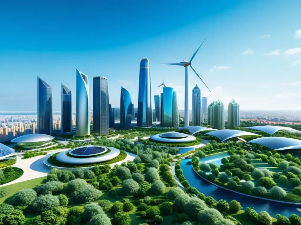 Una ciudad futurista con rascacielos sostenibles y diseño innovador, rodeada de energías renovables y espacios verdes, simbolizando la propiedad intelectual, desarrollo sostenible y moderna innovación