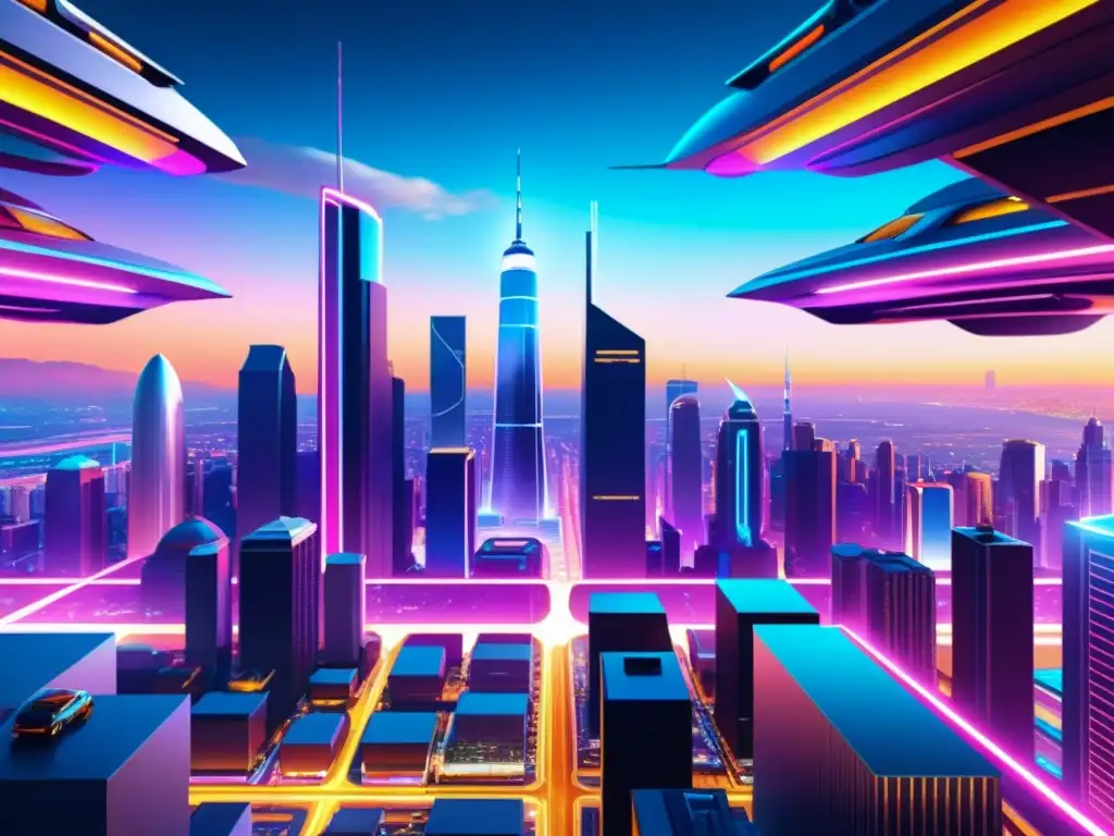 Una ciudad futurista con rascacielos, vehículos voladores, luces neón y hologramas