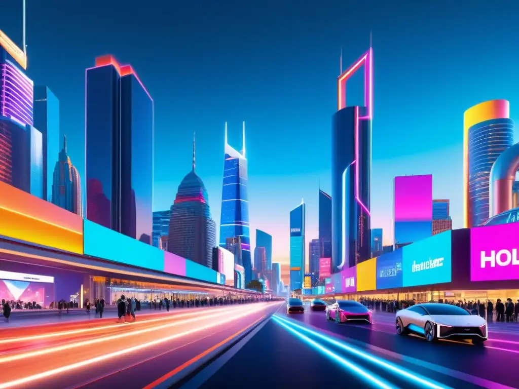 Una ciudad futurista con rascacielos de vidrio reflejando luces de neón