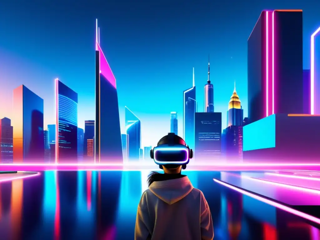 Una ciudad futurista en realidad virtual con rascacielos elegantes y luces de neón, mostrando tecnología avanzada e innovación