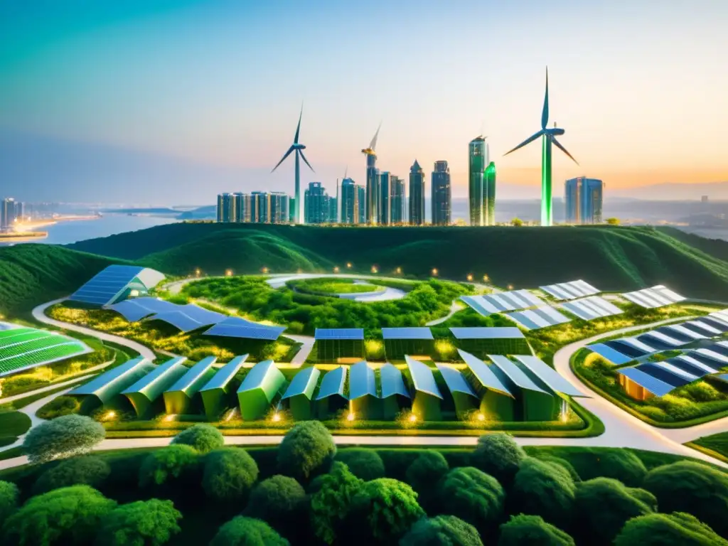 Una ciudad futurista y serena con edificios verdes y tecnología sostenible
