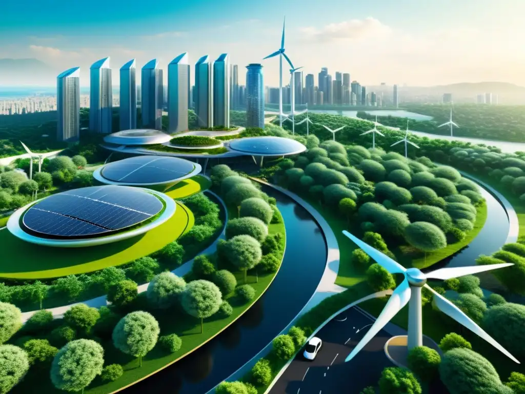 Metrópolis futurista: arquitectura sostenible y naturaleza Una ciudad futurista y sostenible, con arquitectura ecofriendly y naturaleza integrada