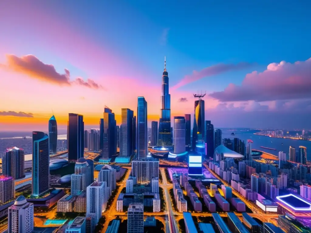 Una ciudad futurista y ultramoderna al anochecer, con rascacielos reflectantes y adornados con luces de neón y pantallas holográficas