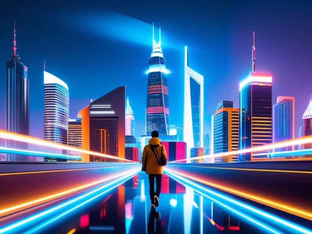 Una ciudad futurista vibrante y bulliciosa de noche, con luces de neón iluminando rascacielos imponentes
