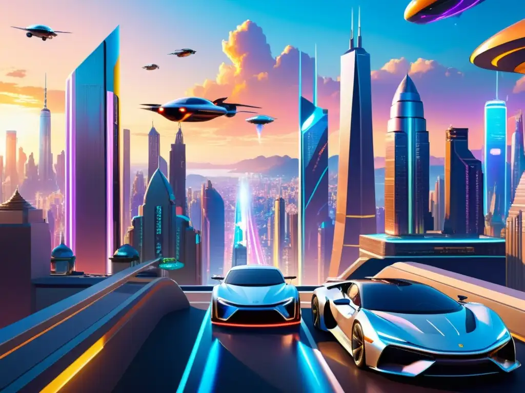 Una ciudad futurista vibrante con rascacielos cubiertos de anuncios holográficos y autos voladores