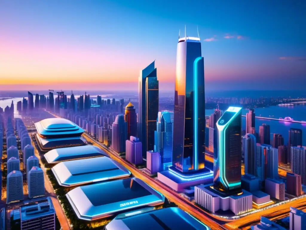 La ciudad del futuro con rascacielos y sistemas de transporte avanzados de IA integrados