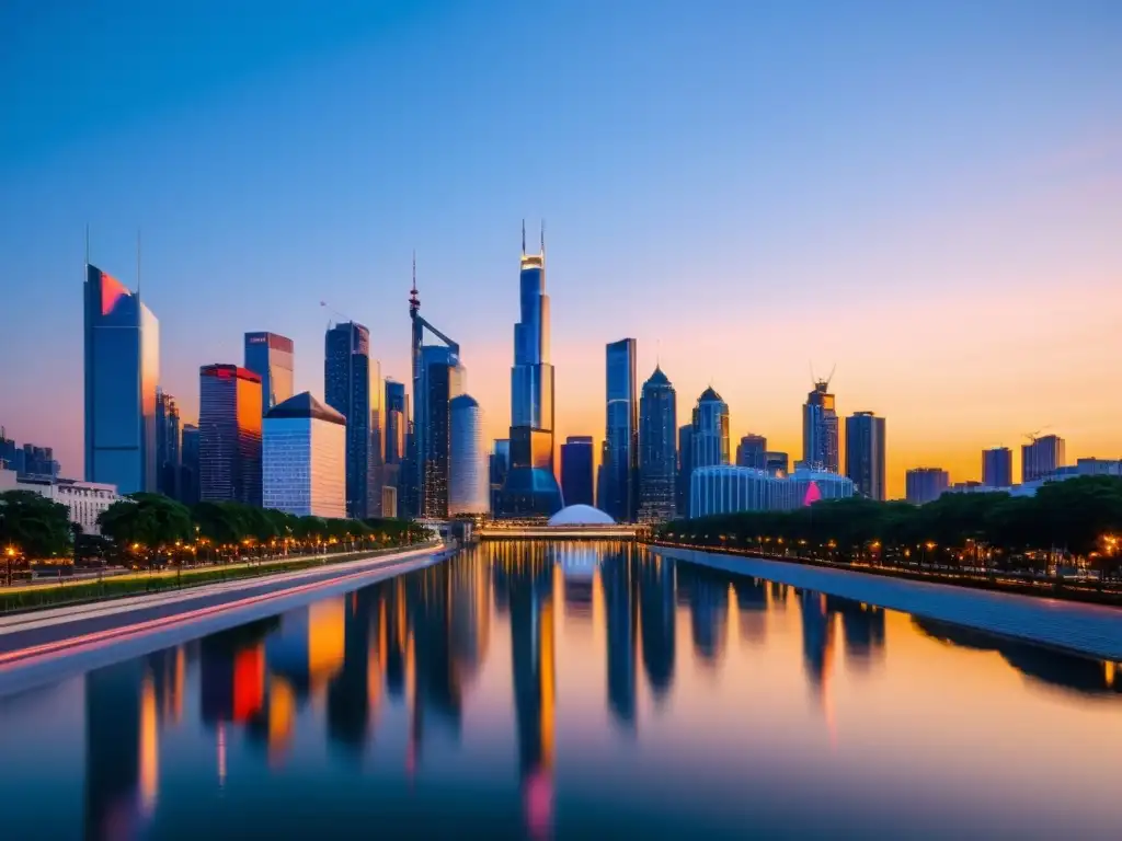 Una ciudad moderna iluminada por el sol poniente, reflejada en el río