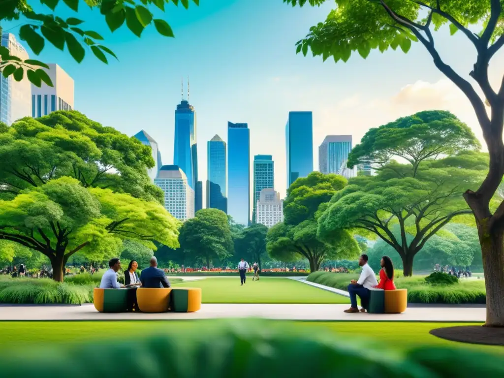 Una ciudad moderna con rascacielos se entrelaza con un parque verde exuberante, donde profesionales diversos discuten
