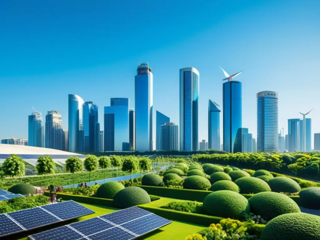 Una ciudad moderna con rascacielos sostenibles, jardines verticales y paneles solares