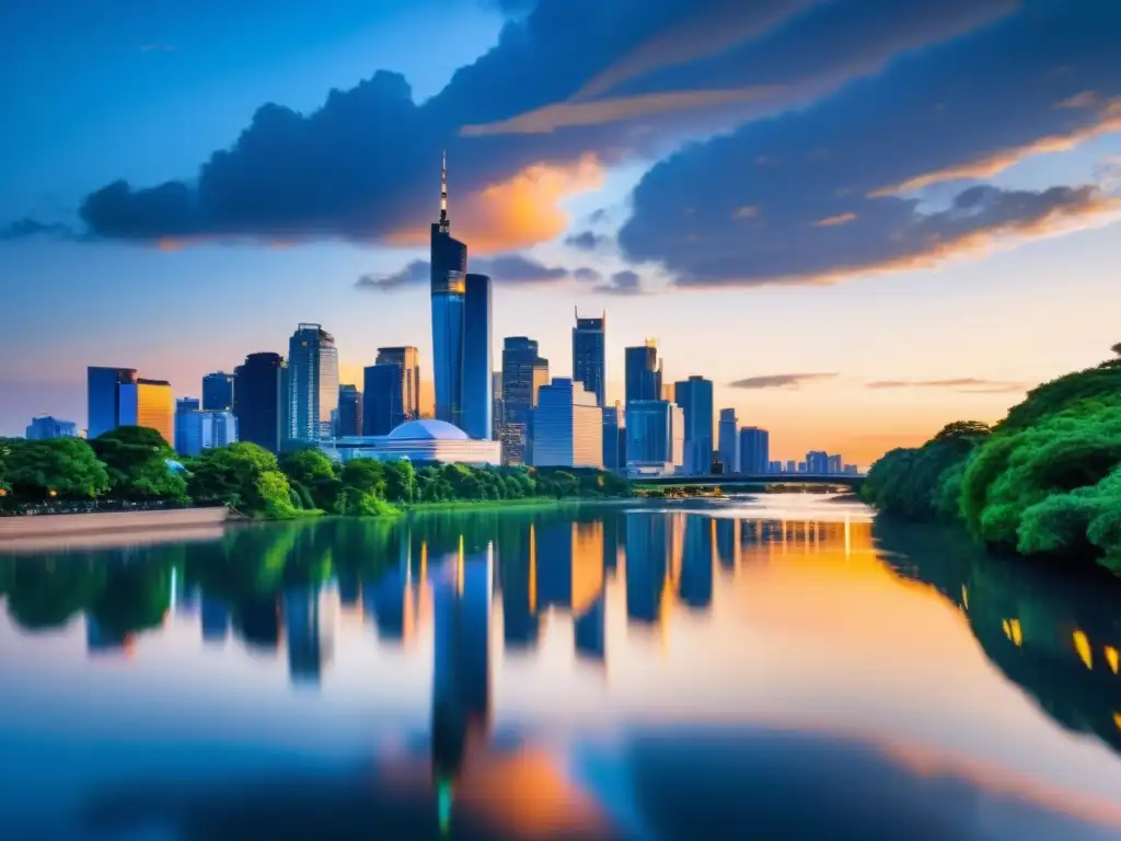 Una ciudad moderna y serena al atardecer, con rascacielos reflectantes y un río tranquilo, en contraste con la naturaleza