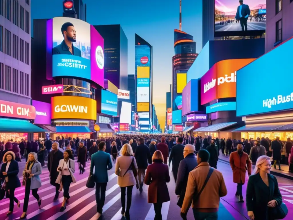Una ciudad moderna y vibrante llena de gente, iluminada por letreros de neón y vallas publicitarias digitales, que muestra la naturaleza dinámica e interconectada de la sociedad y la economía moderna