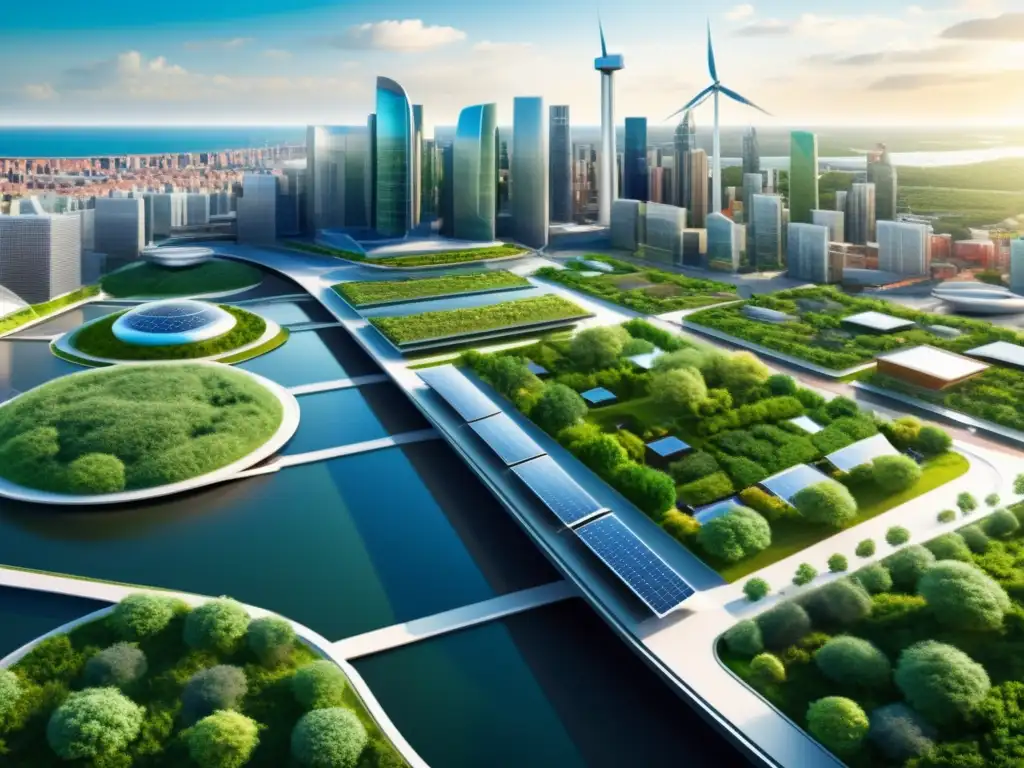 Una ciudad sostenible del futuro con tecnología ambiental innovadora, como paneles solares y turbinas eólicas