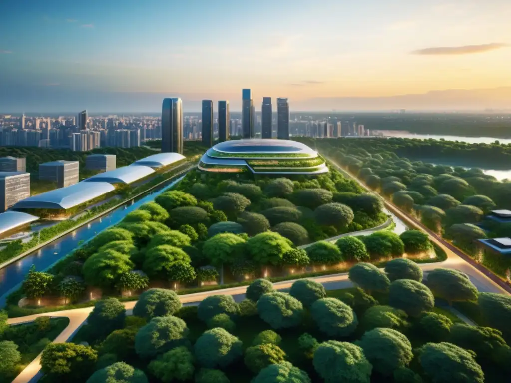 Una ciudad vibrante y moderna con arquitectura integrada en exuberante vegetación, muestra desarrollo urbano sostenible e innovador