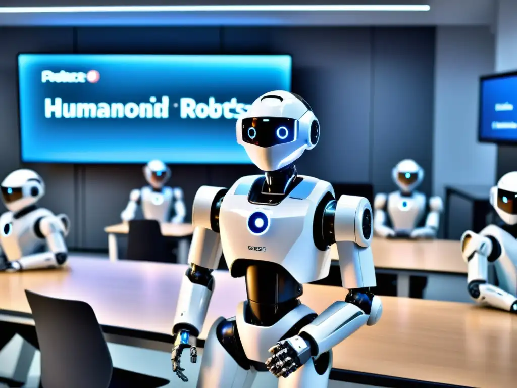 Clase futurista: estudiantes interactúan con robots educativos de vanguardia, resaltando la protección propiedad intelectual robótica educativa